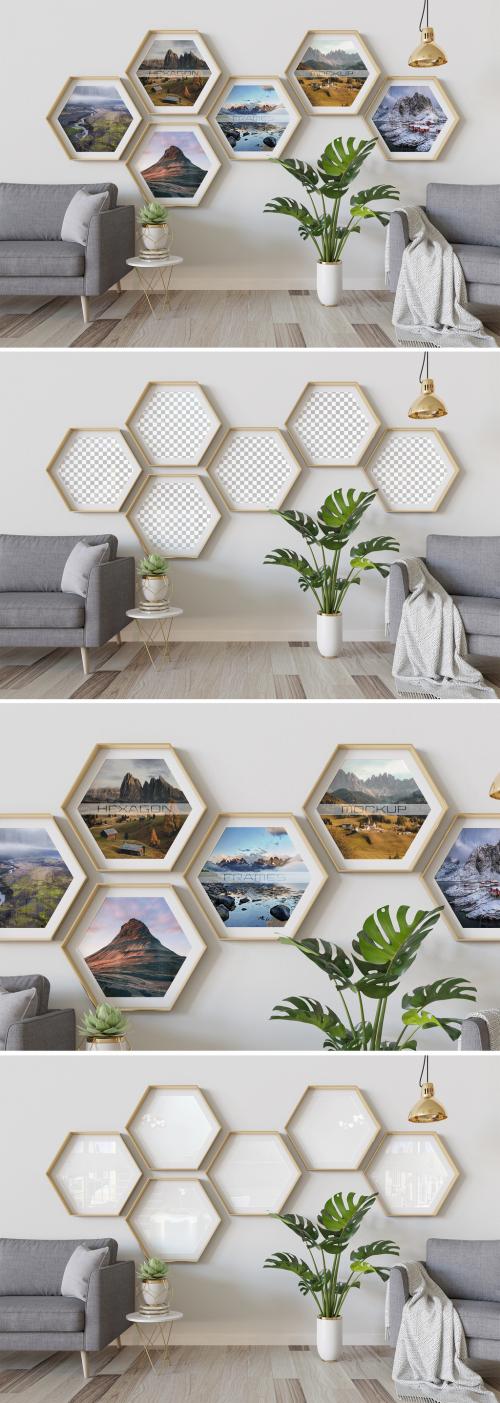 Adobe Stock - Hexagon Photo Frames Mockup Hanging on Interior Wall - 461350642