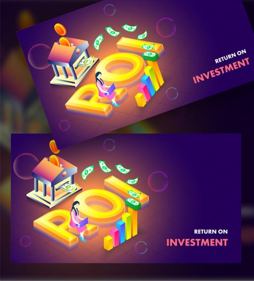 Adobe Stock - Purple Landing Page Design with Glossy 3D Roi Text, Bank, Financial Graph and Businesswoman Working in Laptop - 462954571