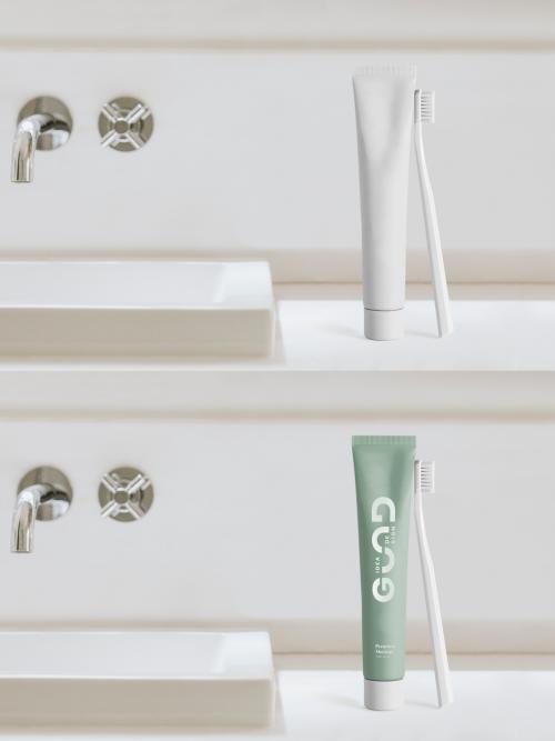Adobe Stock - Toothbrush and Toothpaste Mockup in Bathroom - 462954612