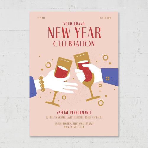 Adobe Stock - Nye New Years Eve Party Flyer Poster with Clinking Champagne Glasses - 463694524