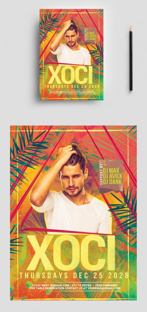 Adobe Stock - Nightclub DJ Club Flyer with Yellow Tropical Texture - 463694548