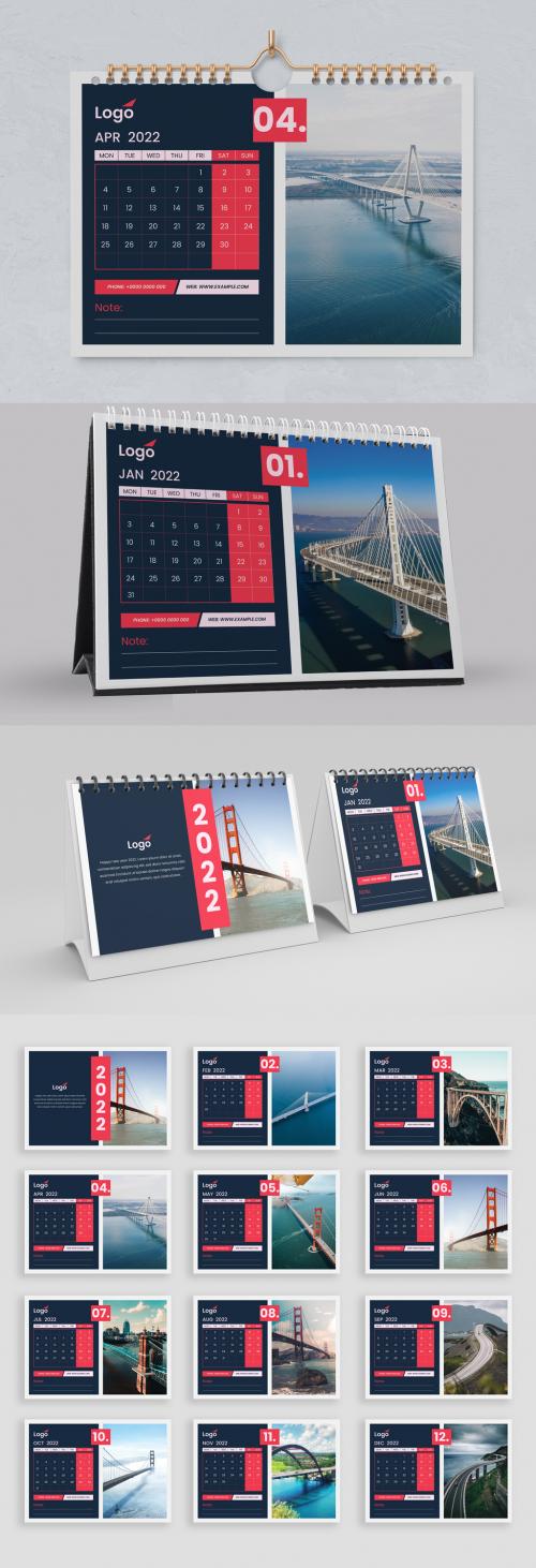 Adobe Stock - 2022 Clean Desk Calendar with Red Premium Vector Layout - 463695238