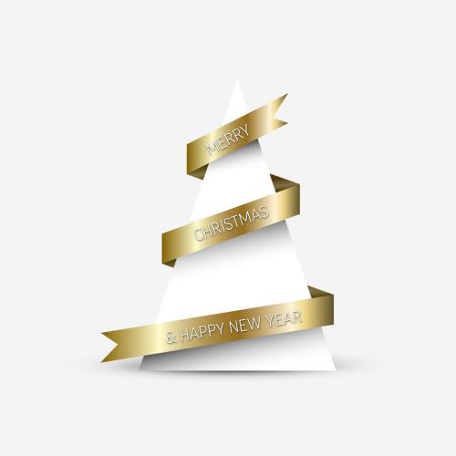 Adobe Stock - Simple Card with Christmas Tree Made from Paper Triangle and Golden Stripe Ribbon - 469801511