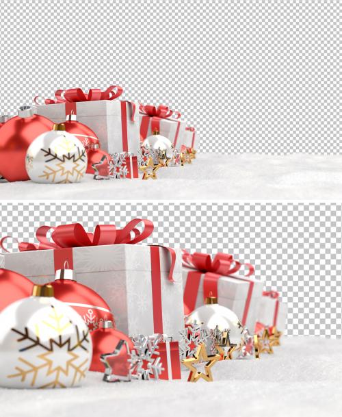Adobe Stock - Christmas Scene with Decoration on Snow Isolated Mockup - 470735545