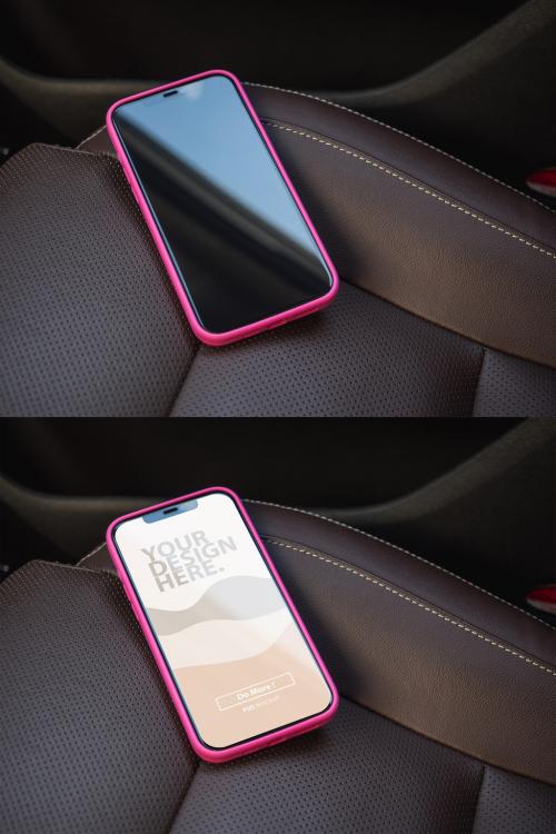 Adobe Stock - Smartphone Mockup in Pink Phone Case in Modern Car Vehicle Interior - 470735625