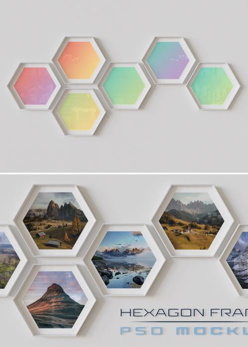 Adobe Stock - White Hexagon Photo Frames Mockup Hanging on Wall - 470949003