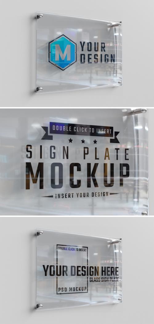 Adobe Stock - Glass Sign Plate on White Wall Mockup - 470949007