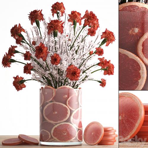 A bouquet of flowers 64. Carnations, sakura, branches, flowers, decor from grapefruit slices, citrus