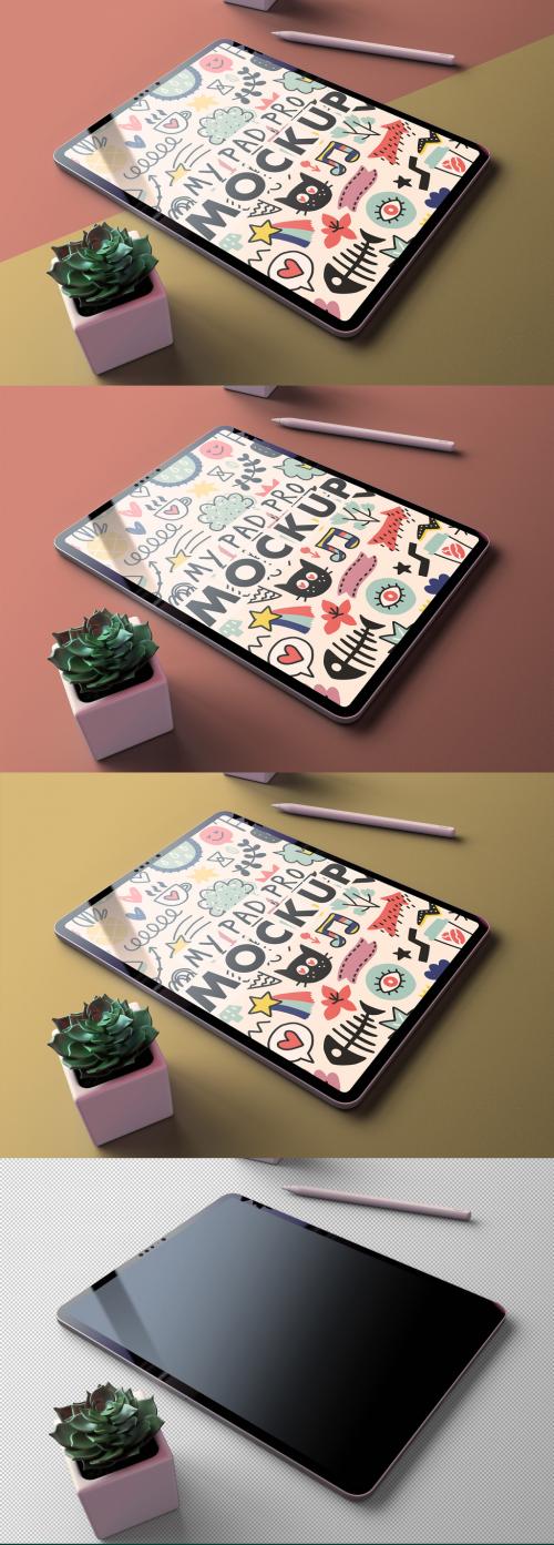 Adobe Stock - My Pad Pro Tablet Mockup on a Changeable Background with Separated Succulent Flower - 473801602