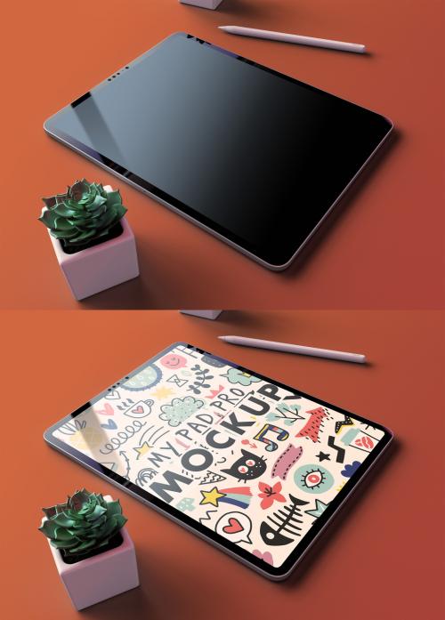 Adobe Stock - My Pad Pro Tablet Mockup on a Autumn Background and Succulent Flower - 473801609
