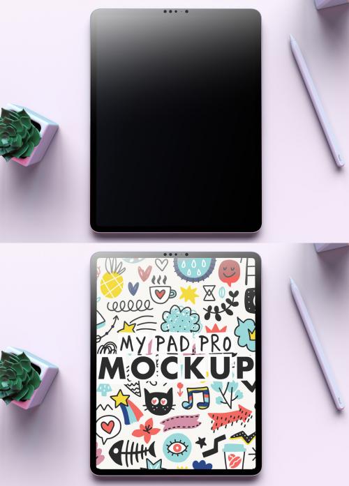 Adobe Stock - My Pad Pro Tablet Mockup on a Clean White Desk and a Succulent Flower on a Over the Head View - 473801614
