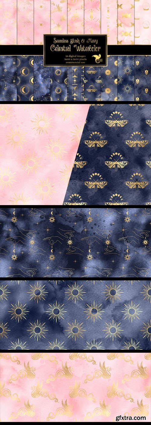 Watercolor Blush & Navy Celestial Textures Pack