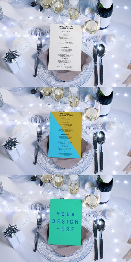 Adobe Stock - Cardboard Restaurant Menu on a Plate of Festive White Holiday Table - 475601195