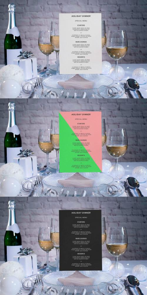 Adobe Stock - Cardboard Restaurant Menu on a Plate of Festive White Holiday Table - 475601196