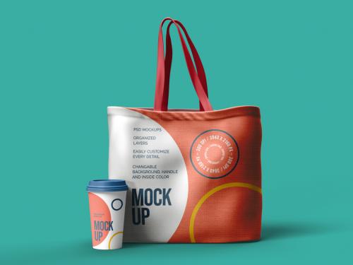 Adobe Stock - Canvas Bag and Paper Cup Mockup Design - 477202940