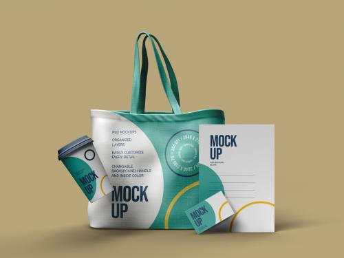 Adobe Stock - Canvas Bag Business Card Paper Cup and Letterhead Mockup Design - 477202971