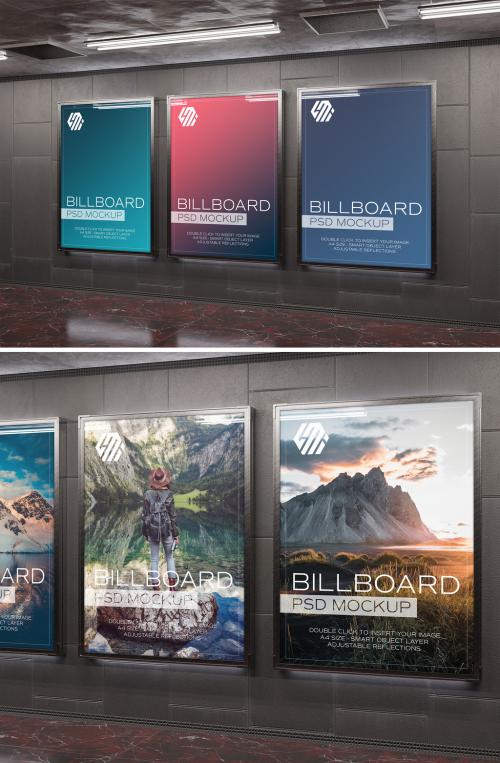 Adobe Stock - Three Billboards Mockup on Underground Subway Wall - 478874079