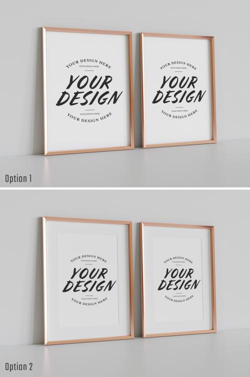 Adobe Stock - Two Golden Frames Leaning on White Wall Mockup - 478874082