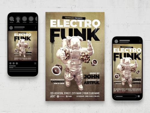 Electro Funk Club Event Flyer with 3D Astronaut Speakers