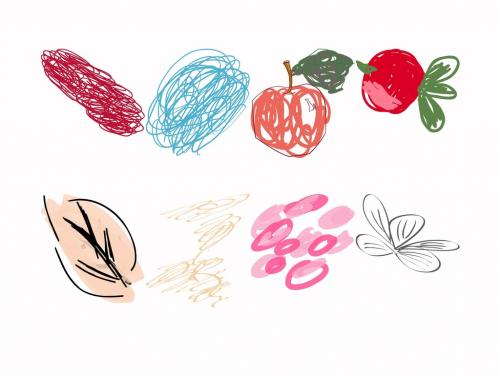 Set of Artistic Hand Drawn Fruits Flowers and Scribbles