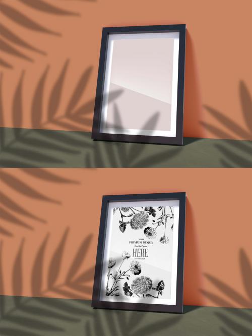 Minimalistic Scandinavian Frame on the Floor Mockup with Green and Orange Palm Shadows