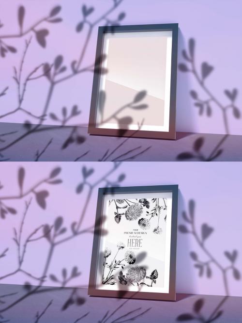 Minimalistic Scandinavian Style Frame Mockup on a Clean Violet Wall with Flower Shadows