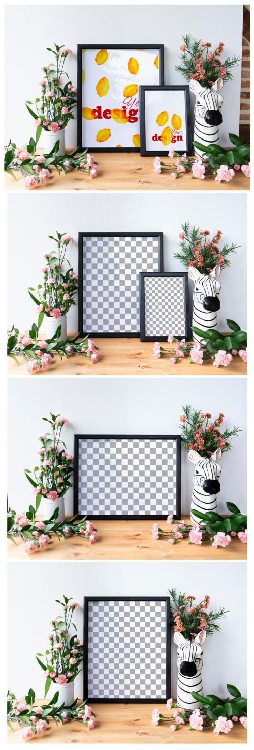 Black Frame Set with Zebra Vase and Flowers