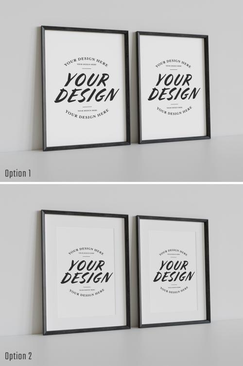 Two Black Frames Leaning on White Wall Mockup