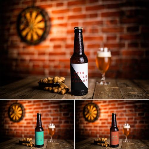 Fresh Lifestyle Beer Bottle on Wooden Table in a Bar Restaurant Pub with a Glass of Beer in Dim Atmosphere Background