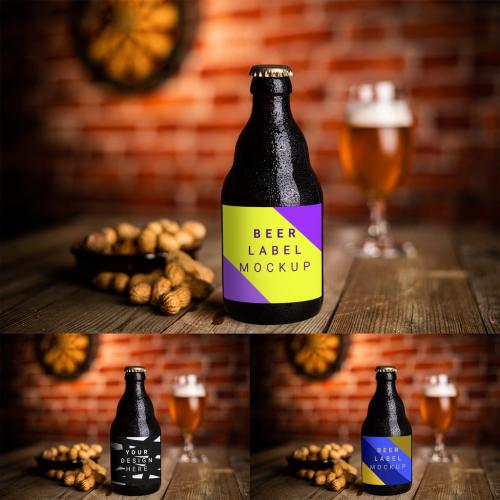 Fresh Lifestyle Beer Bottle on Wooden Table in a Bar Restaurant Pub with a Glass of Beer in Dim Atmosphere Background