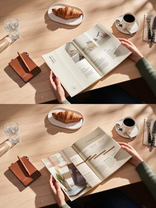 Hands Holding A4 Magazine on Wooden Table Mockup