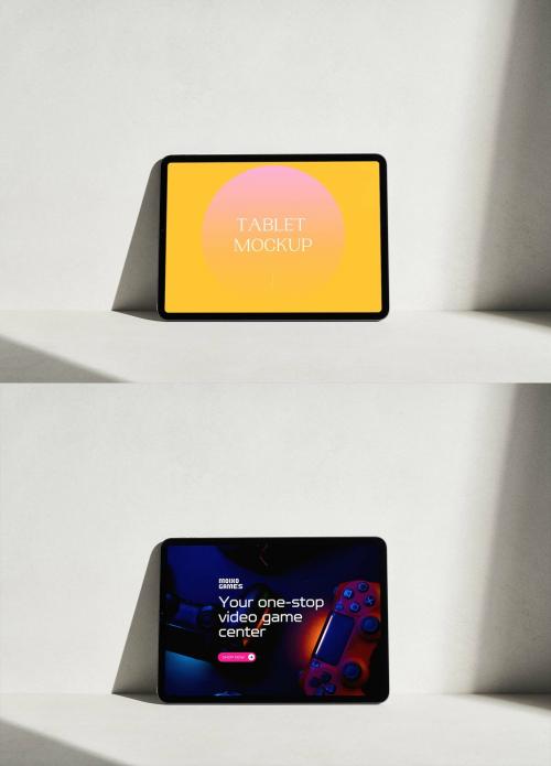 Tablet Mockup on a Grey Surface with Shadows Mockup