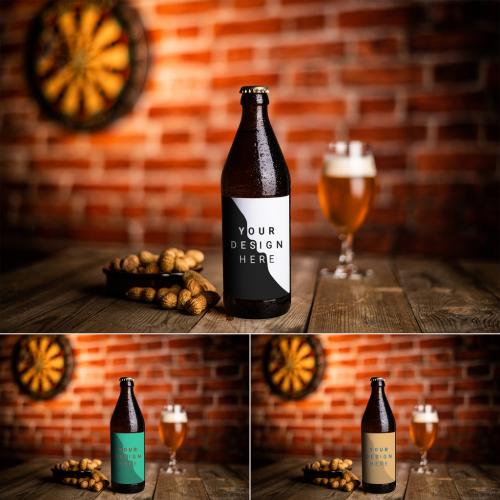 Fresh Lifestyle Beer Bottle on Wooden Table in a Restaurant with a Glass of Beer in Dim Atmosphere Background