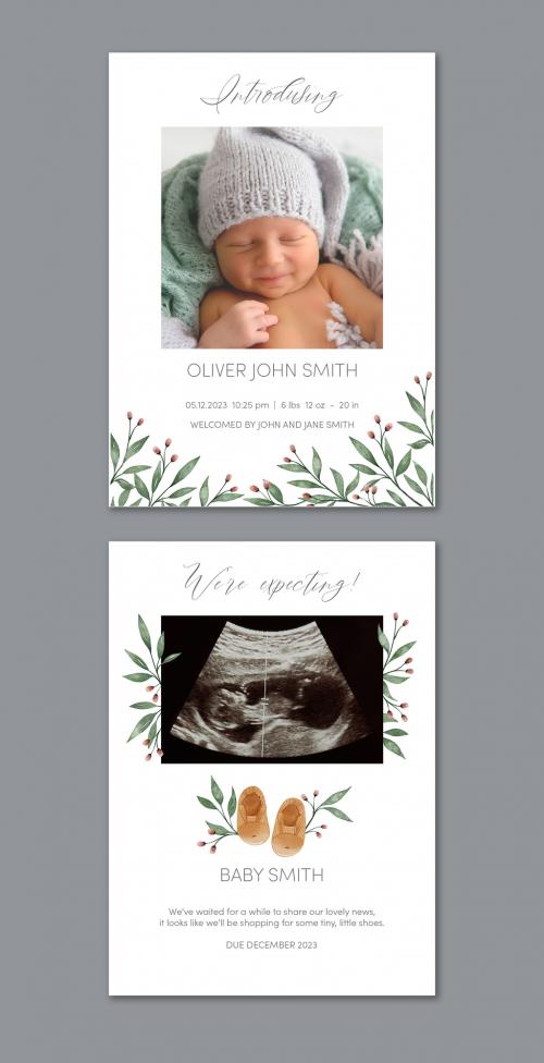 Baby Birth Announcement Cards Set with Watercolor Illustrations and Photo Placeholder