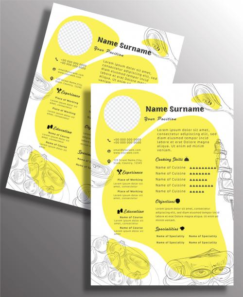 Editable Resume Layout in White and Yellow Color with Sketching Dishes