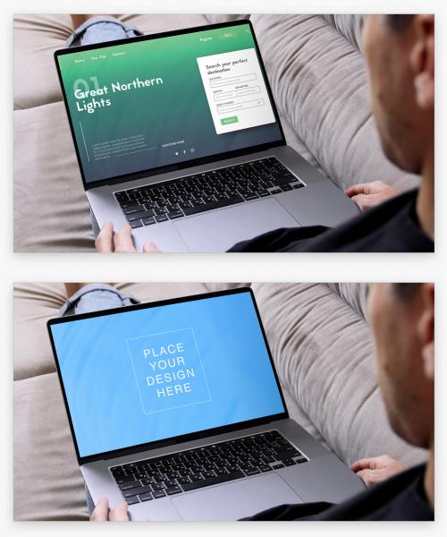 Man Working on Laptop at Home Mockup