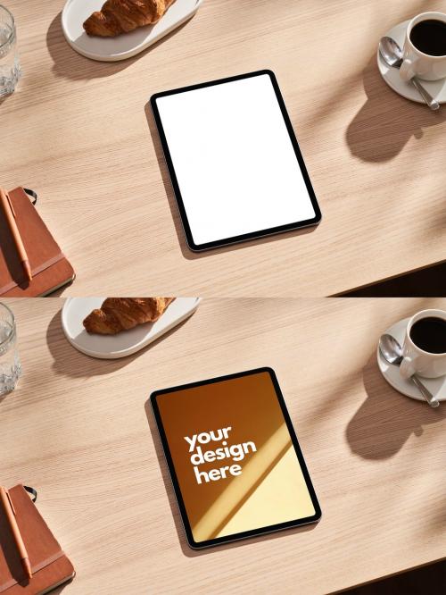 Smart Tablet on a Wooden Table Mockup