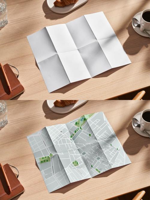 Foldable Paper Map on a Wooden Table Mockup