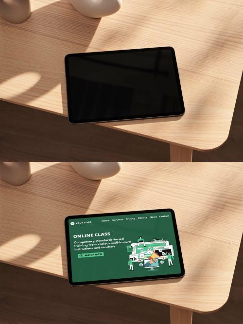 Smart Tablet on Horizontal Position on a Wooden Table Mockup