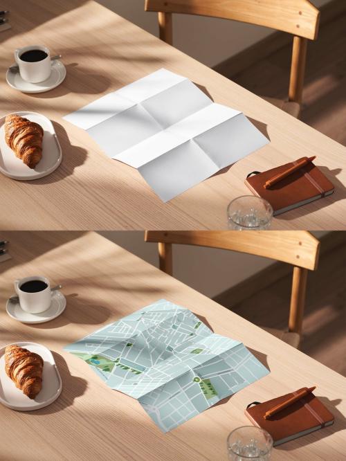 Foldable Paper Map on a Café Table Mockup