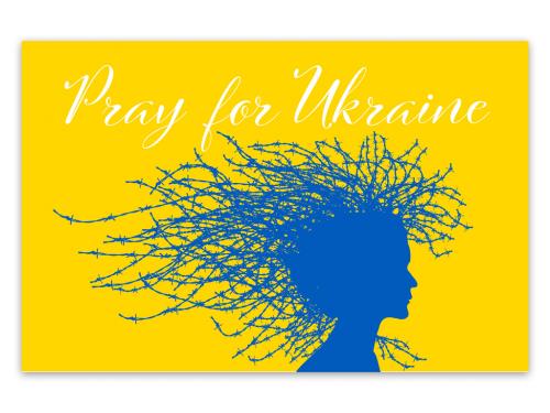 Pray for Ukraine Conceptual Poster Layout with Barbed Wire Head Silhouette