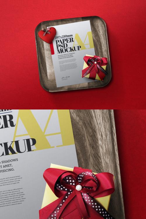 Flyer Mockup A4 Gift Box Wooden Tray Red Heart