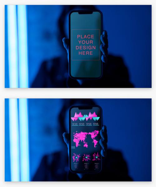 Unrecognizable Person Hold Smartphone in Neon Light