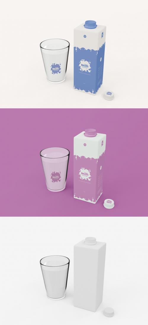 3D Milk Carton with Glass Mockup