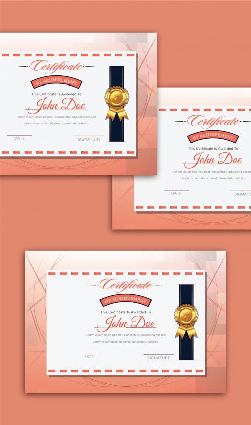 Abstract Achievement Certificate Layout in White and Peach Color with Golden Badge