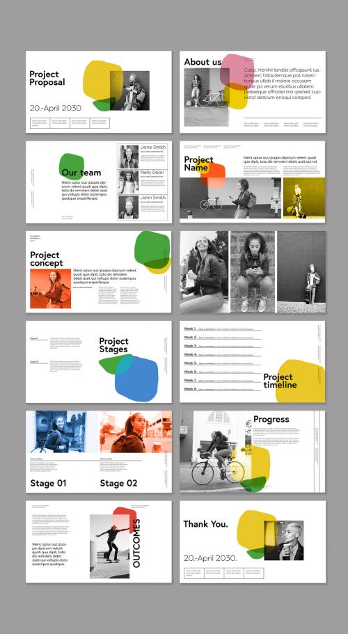Pitch Deck Layout with Colorful Overlay Shapes