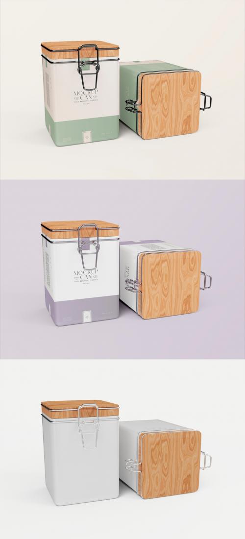 Square Cans with Wooden Lid Mockup