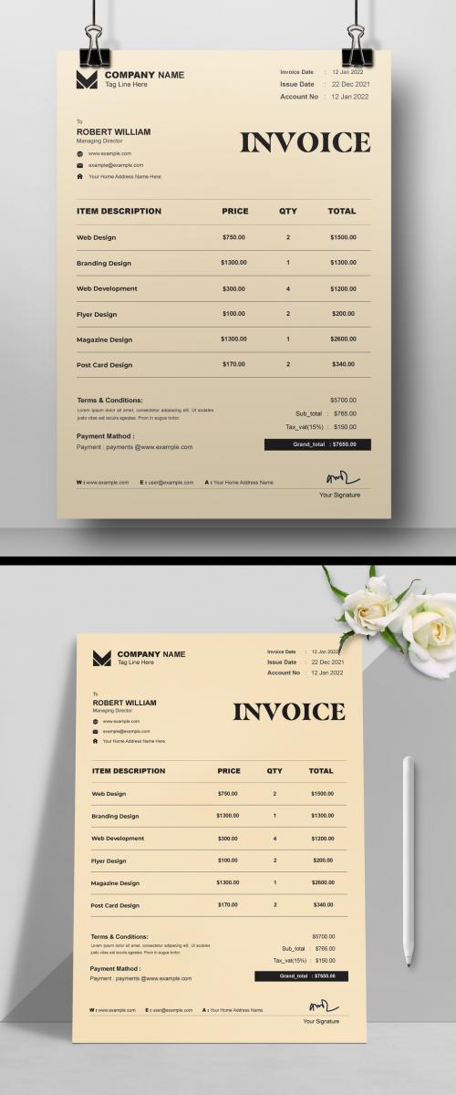 Invoice with Gold Gray Background and Footer Elements
