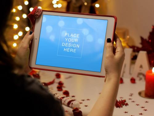 Christmas Mockup iPad Tablet on Woman's Hands