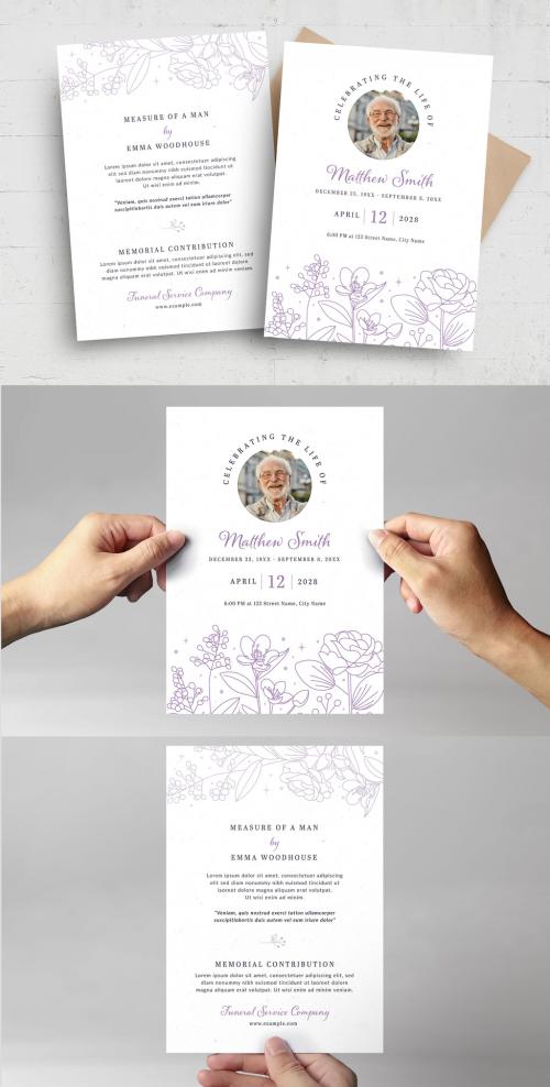 Simple Funeral Program Obituary Card Flyer with Purple Floral Flower Illustrations